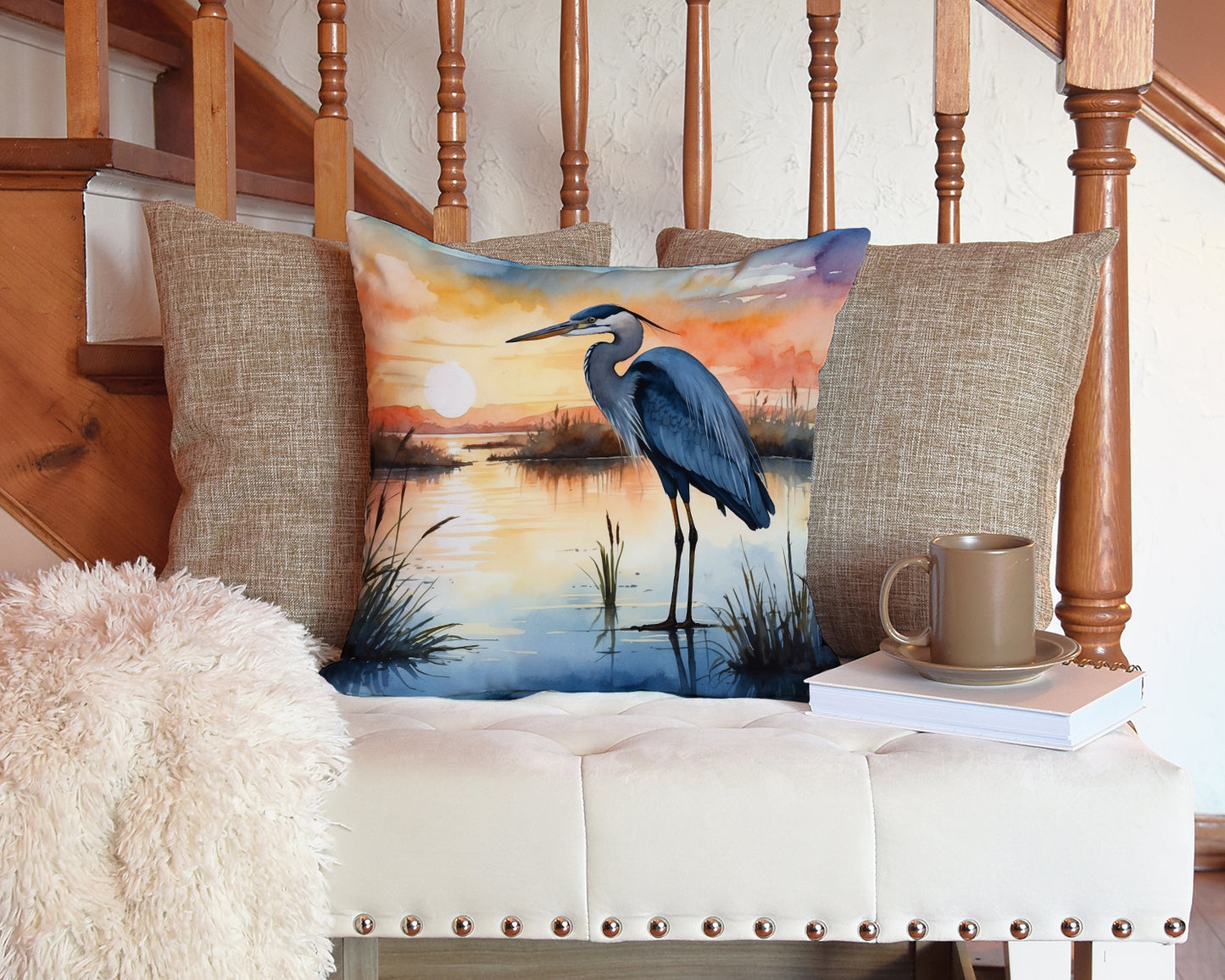 Blue Heron Setting Sun Throw Pillow