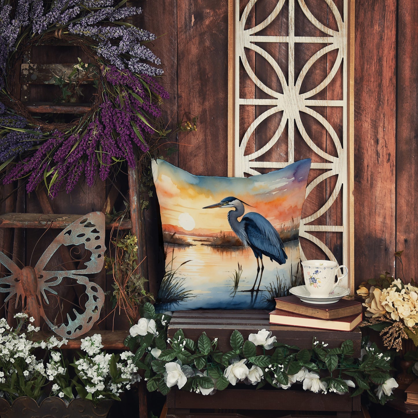 Blue Heron Setting Sun Throw Pillow