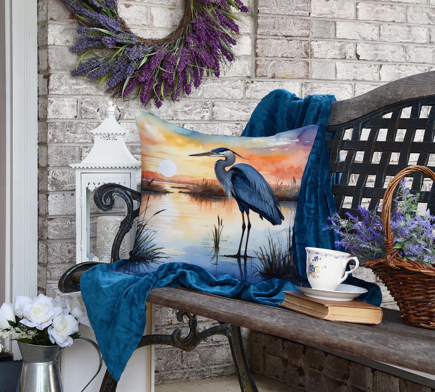 Blue Heron Setting Sun Throw Pillow