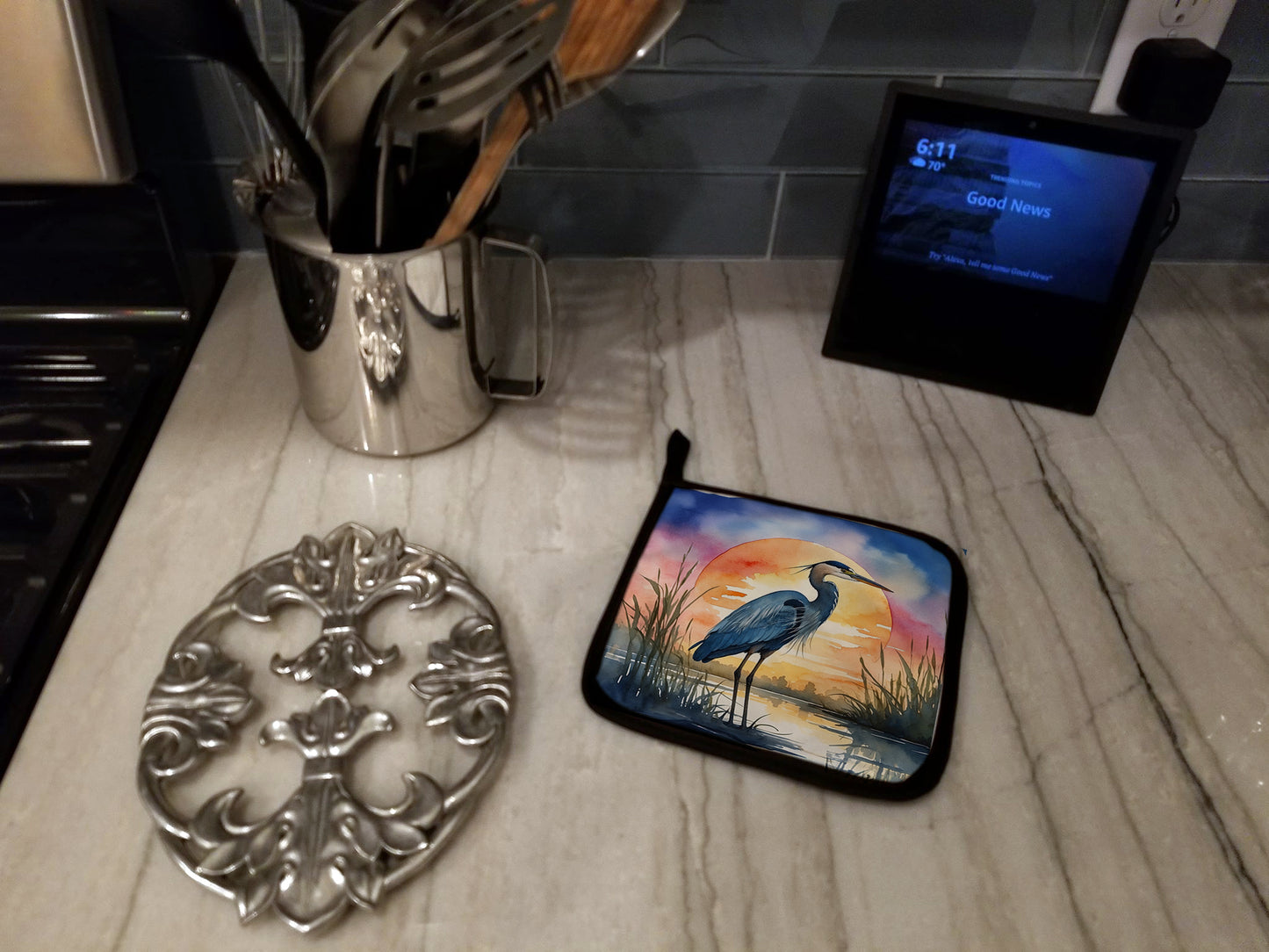 Blue Heron Setting Sun Pair of Pot Holders