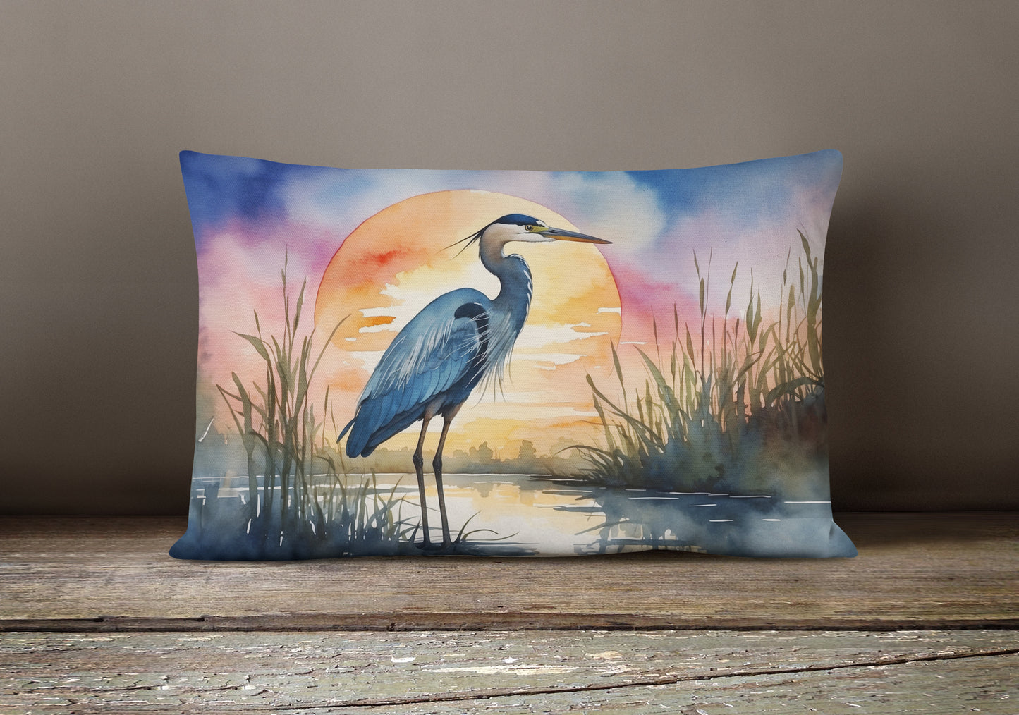 Blue Heron Setting Sun Throw Pillow