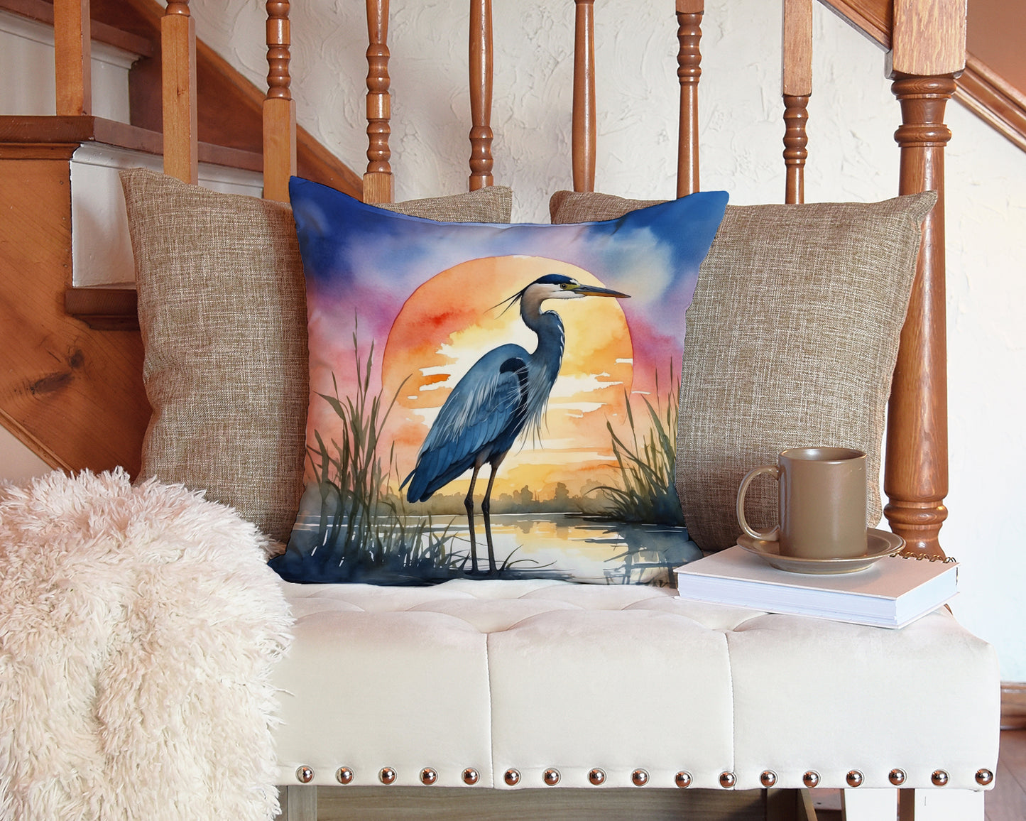 Blue Heron Setting Sun Throw Pillow