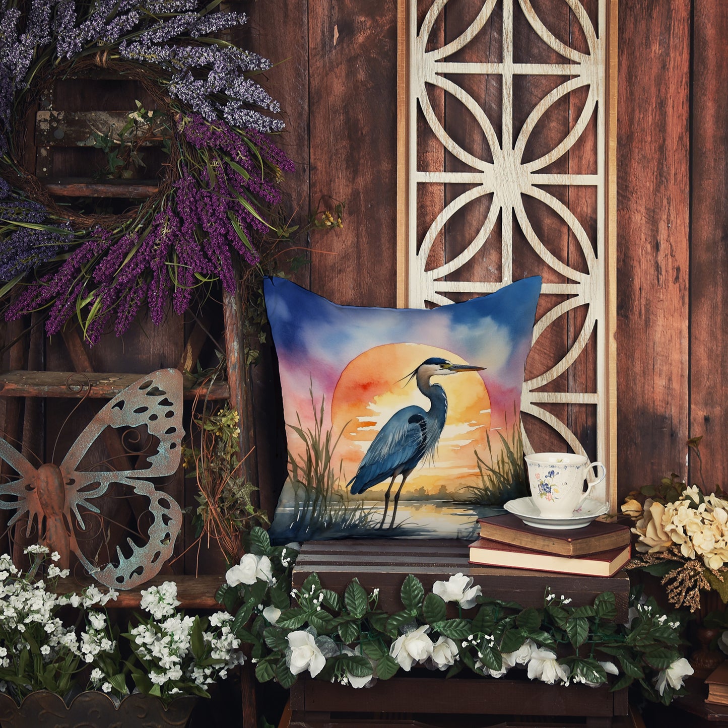 Blue Heron Setting Sun Throw Pillow