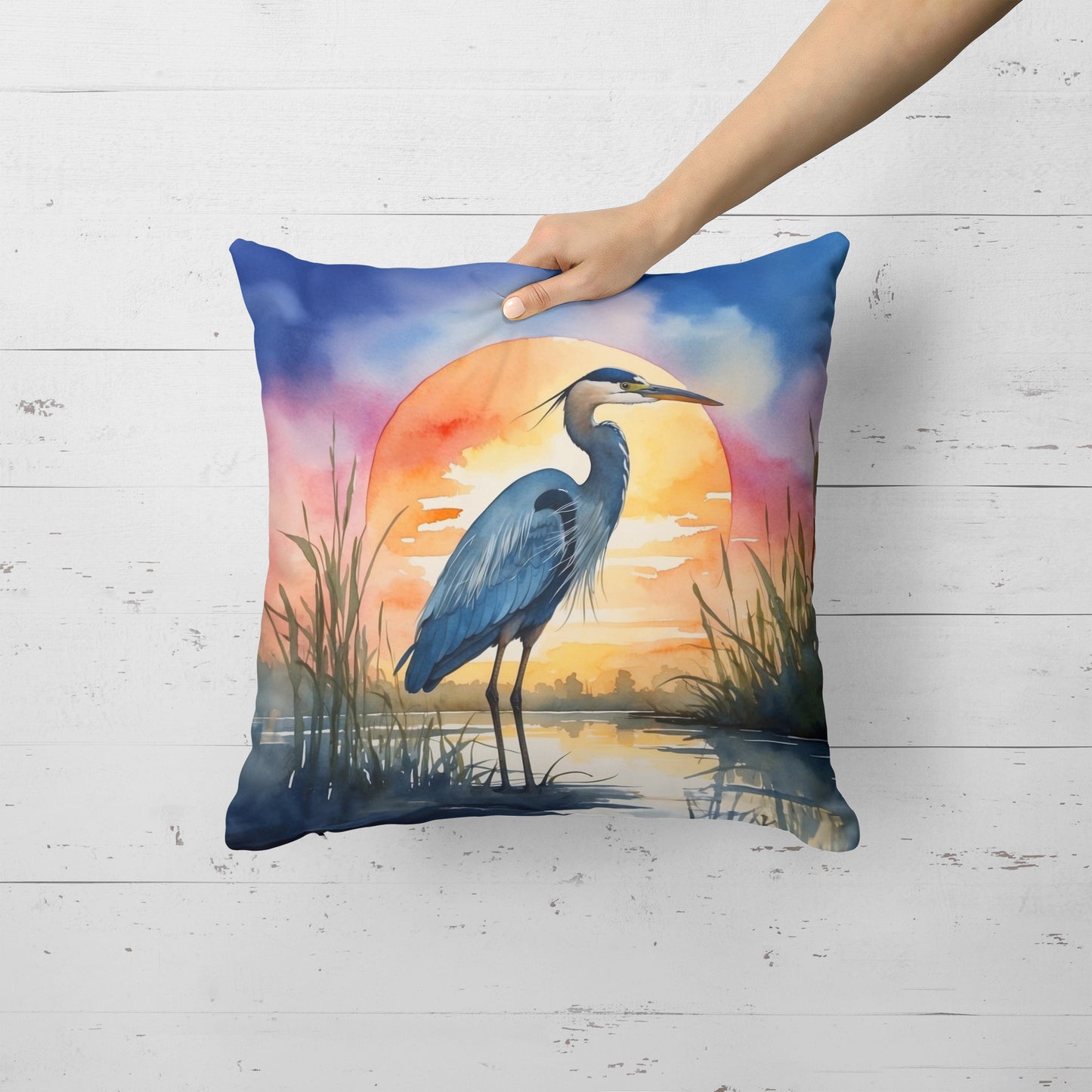 Blue Heron Setting Sun Throw Pillow