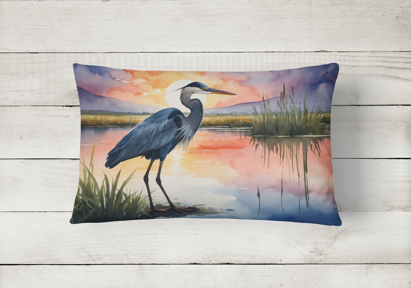 Blue Heron Setting Sun Throw Pillow