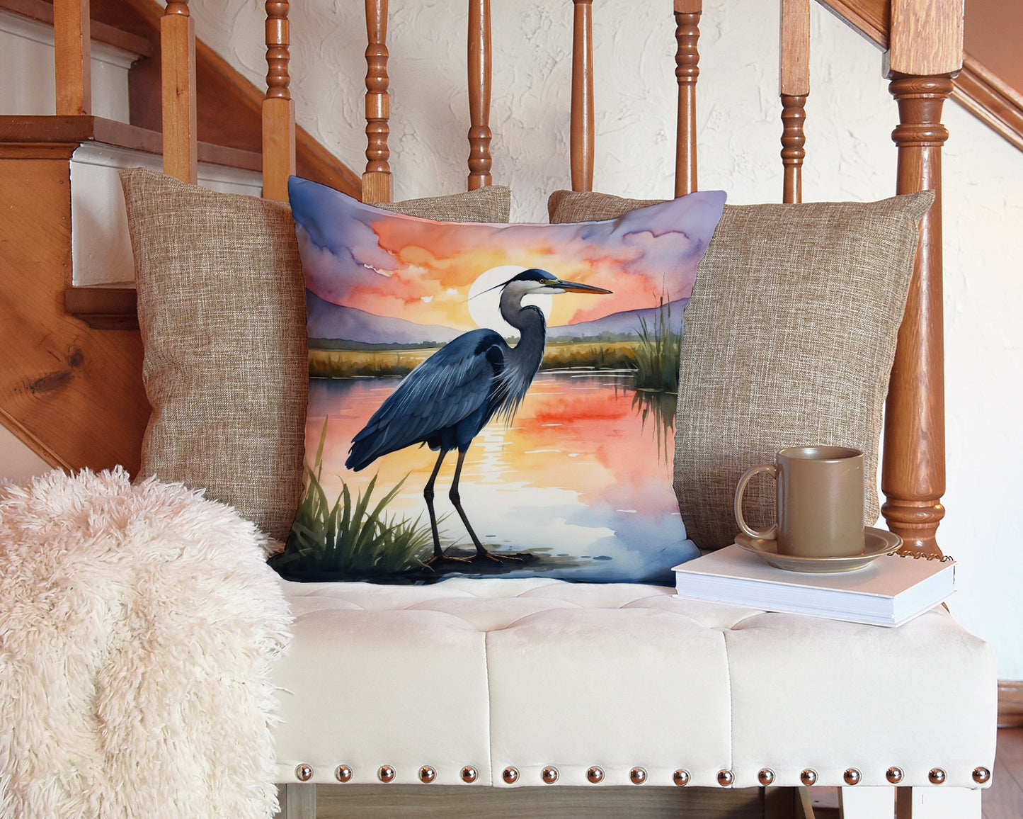 Blue Heron Setting Sun Throw Pillow