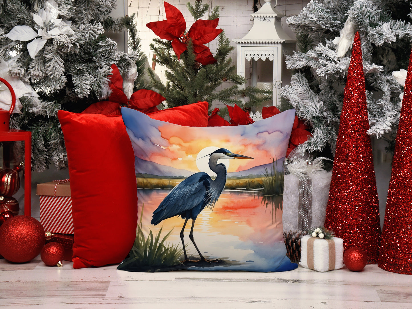 Blue Heron Setting Sun Throw Pillow