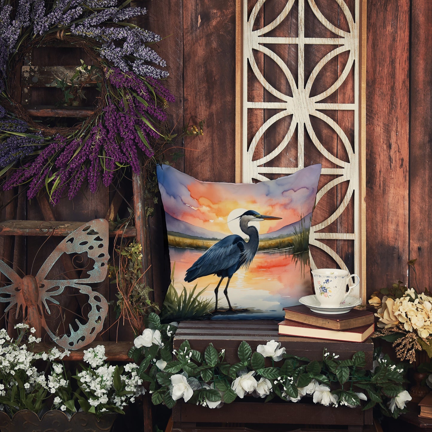 Blue Heron Setting Sun Throw Pillow