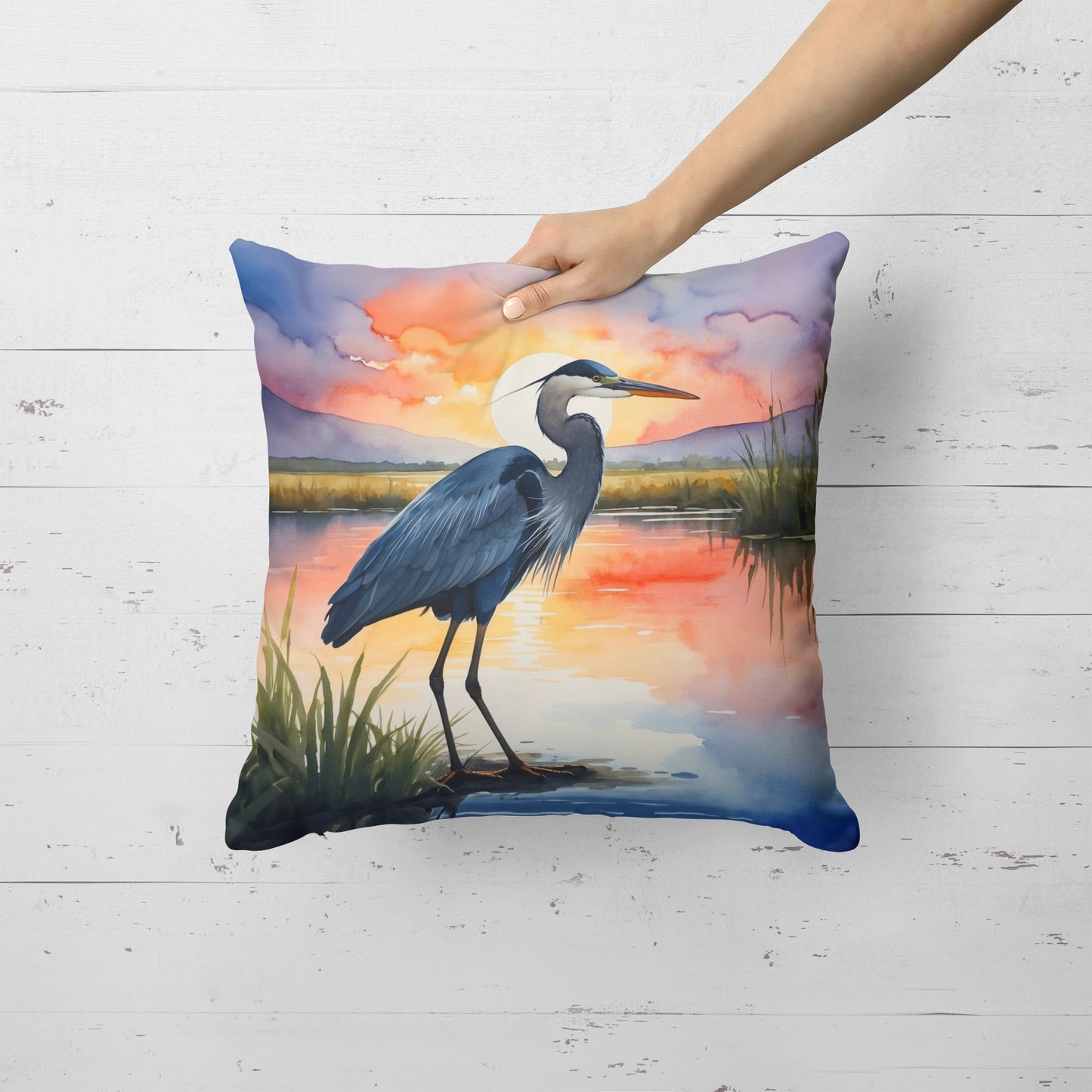 Blue Heron Setting Sun Throw Pillow