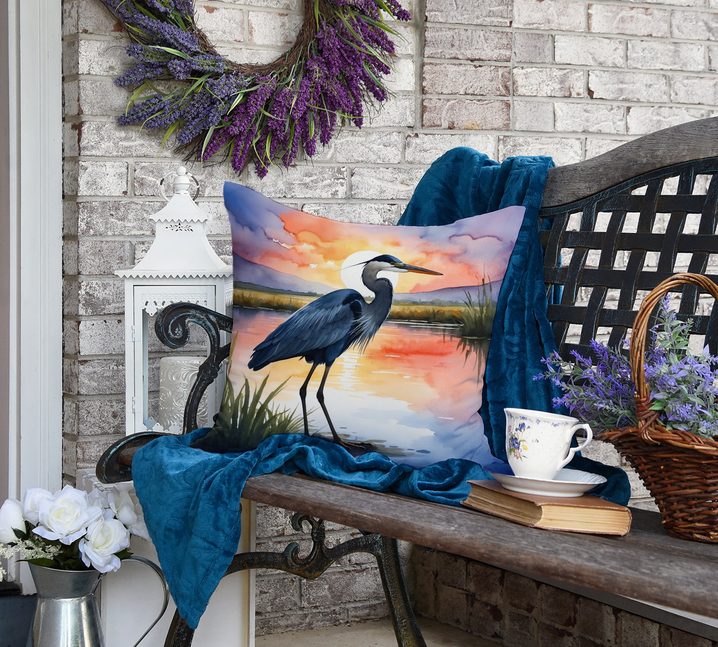 Blue Heron Setting Sun Throw Pillow