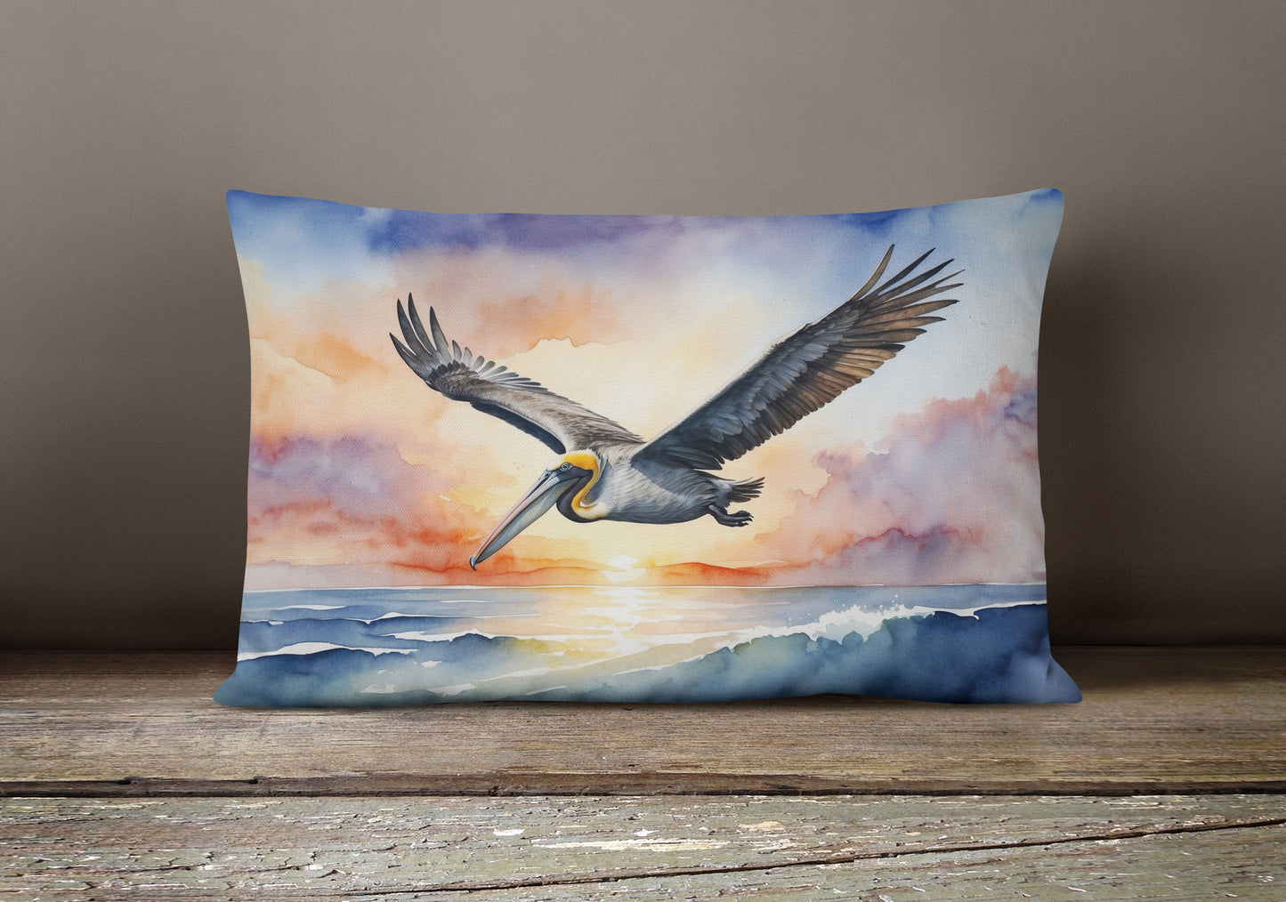 Pelican Fyling at Sunrise Throw Pillow