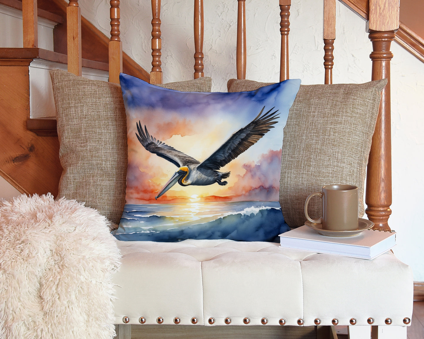 Pelican Fyling at Sunrise Throw Pillow