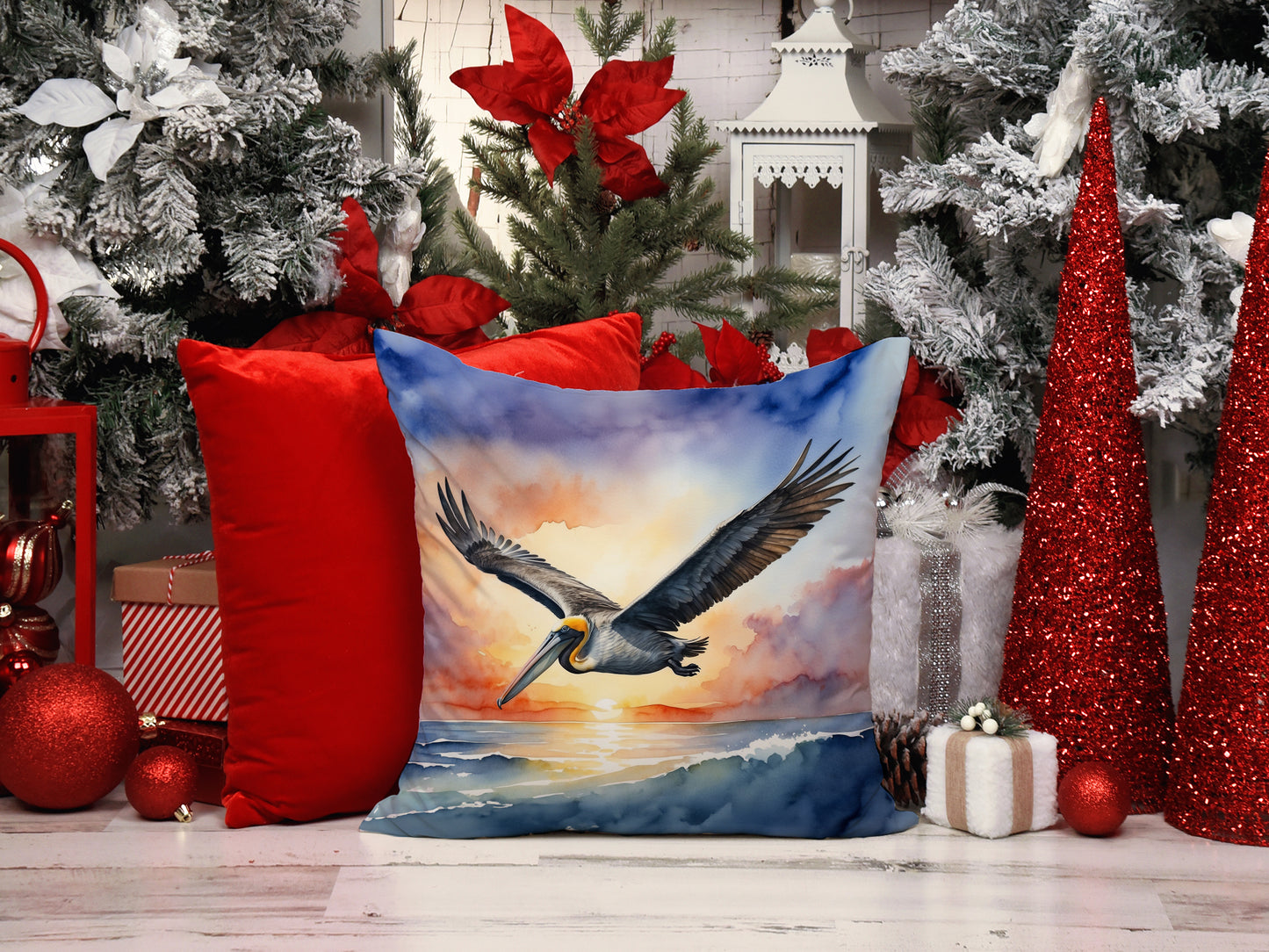 Pelican Fyling at Sunrise Throw Pillow