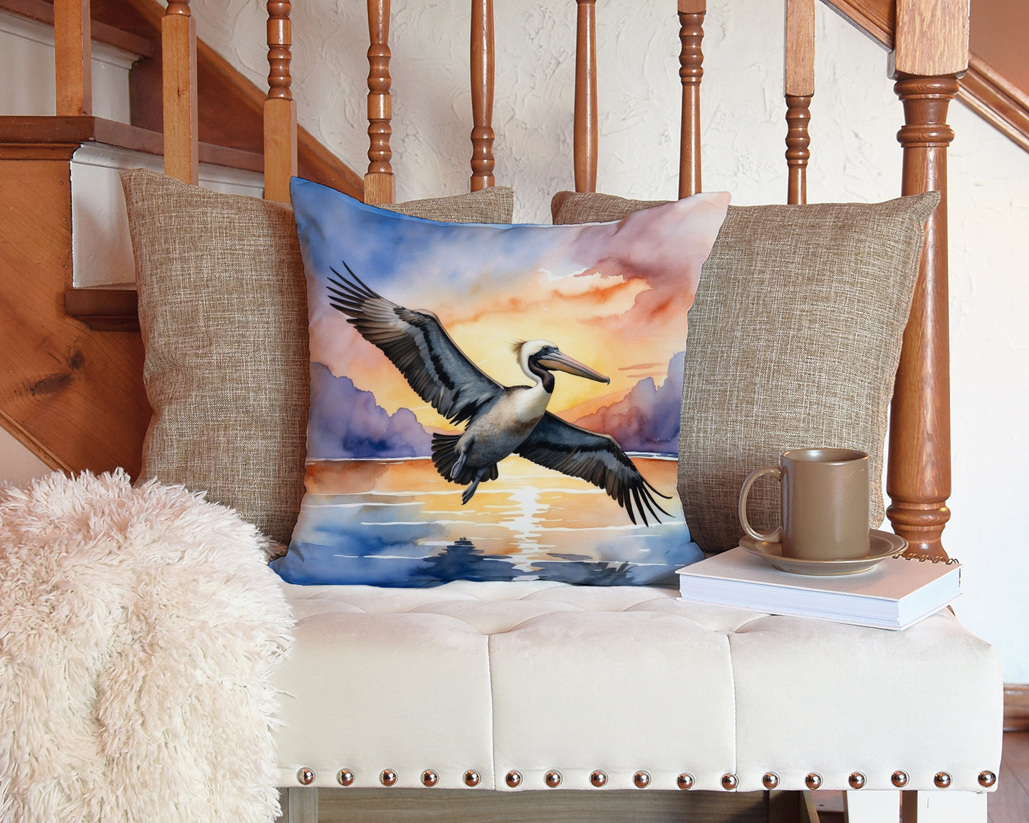 Pelican Fyling at Sunrise Throw Pillow