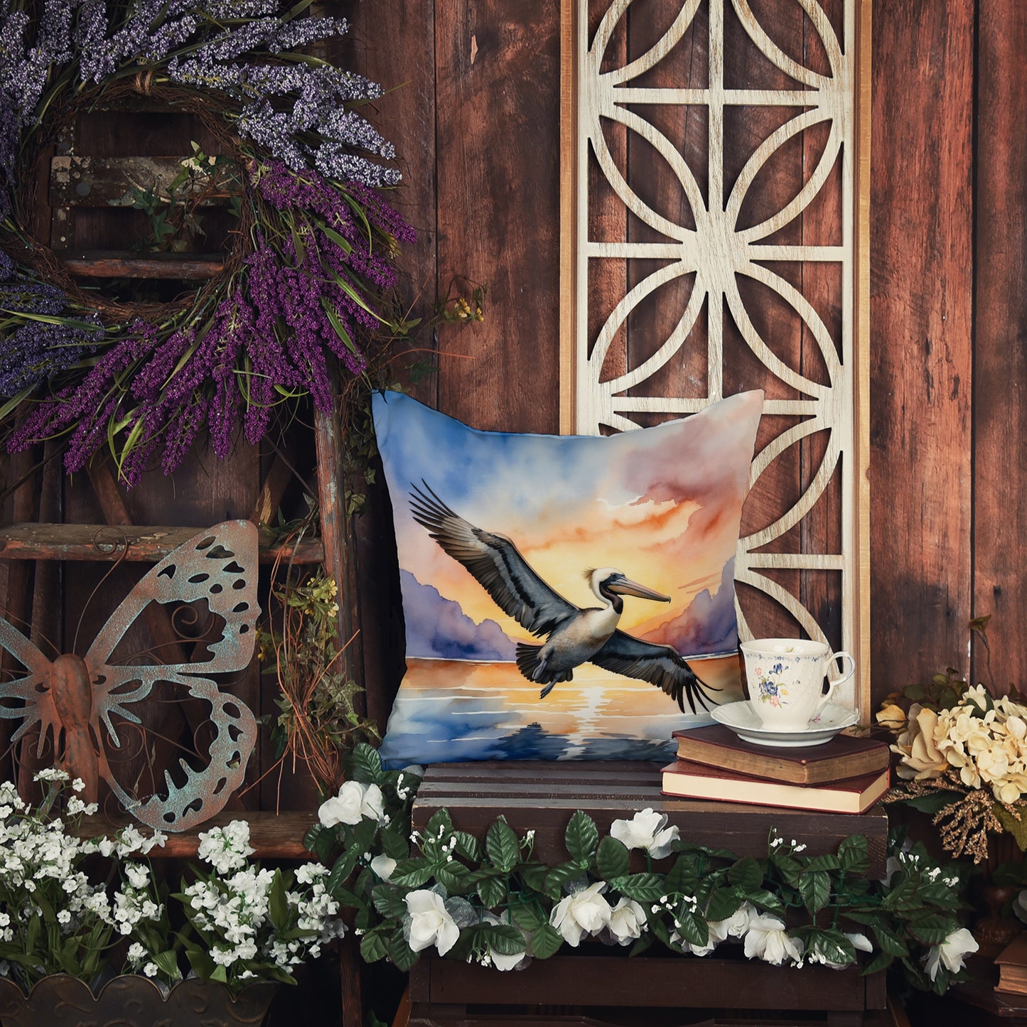 Pelican Fyling at Sunrise Throw Pillow