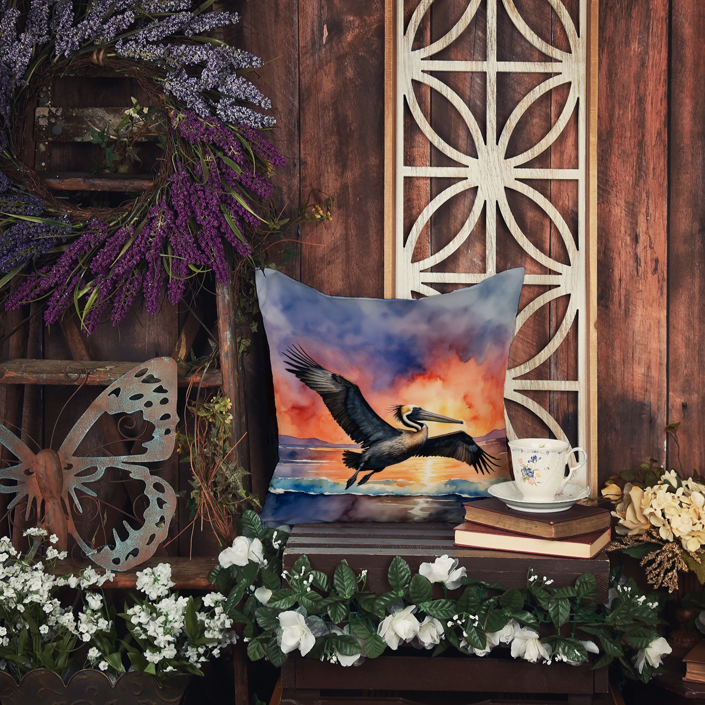 Pelican Fiery Sunset Throw Pillow