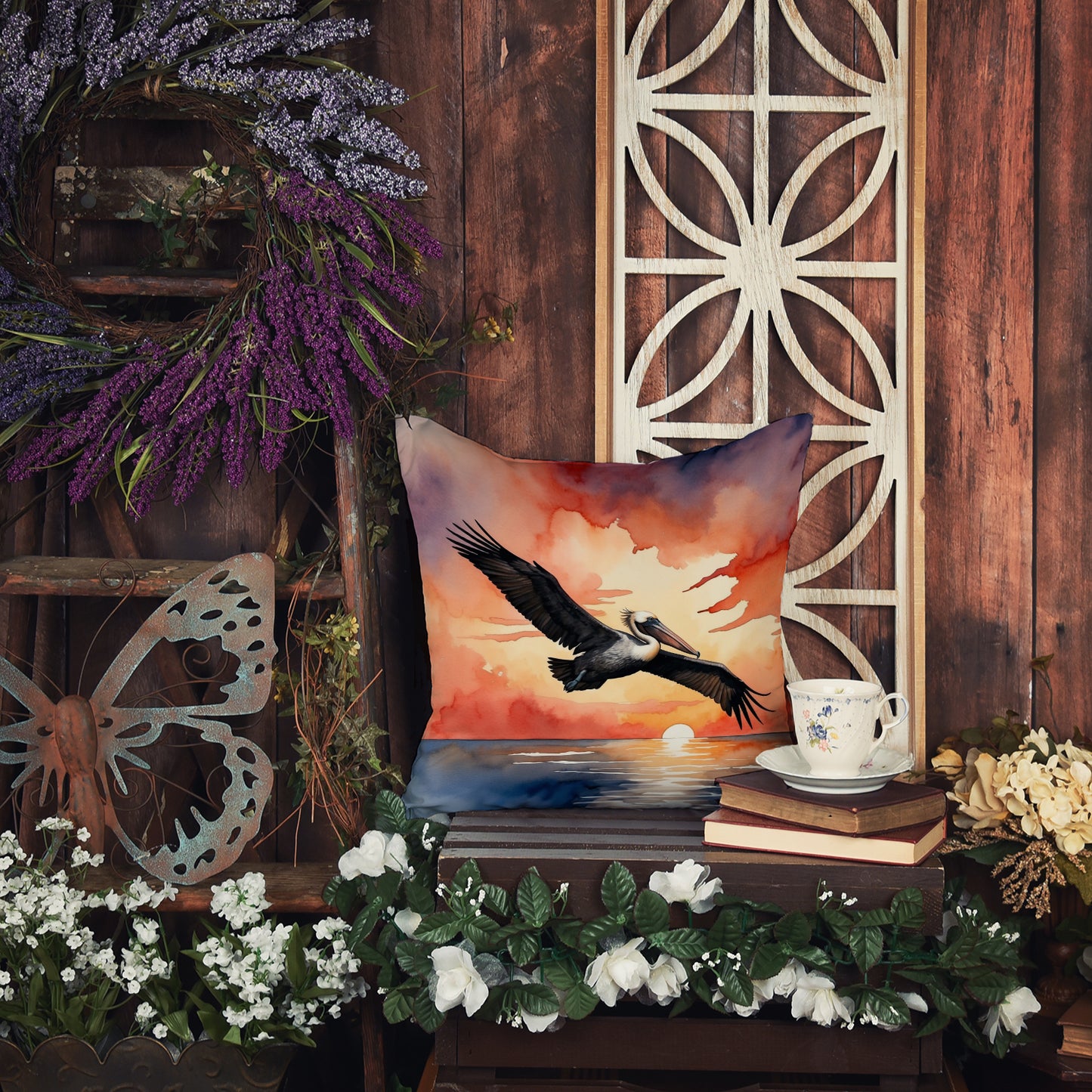 Pelican Fiery Sunset Throw Pillow
