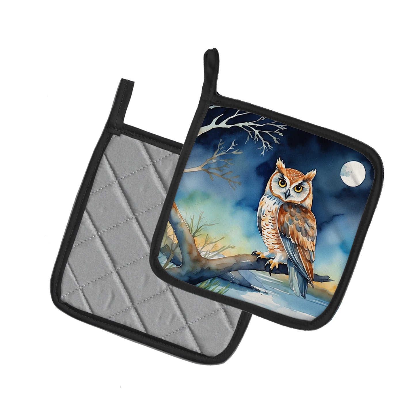Owl Perched in Coastal Tree Pair of Pot Holders
