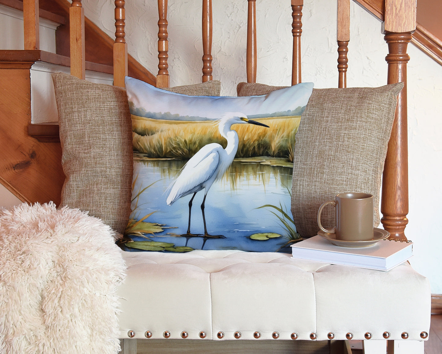 Snowy Egret in Coastal Marshes Throw Pillow