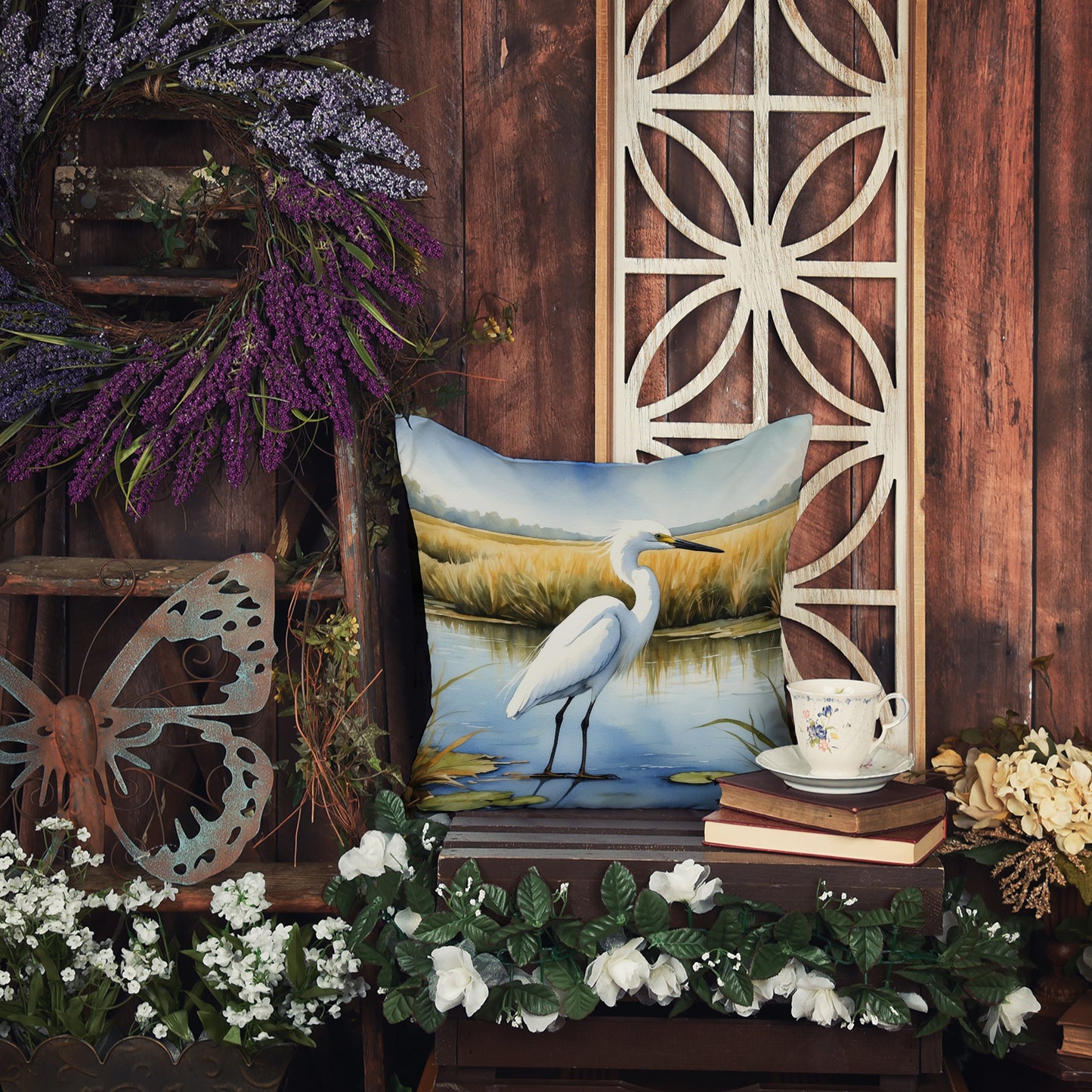 Snowy Egret in Coastal Marshes Throw Pillow