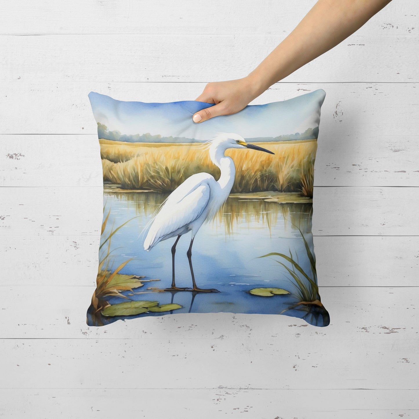 Snowy Egret in Coastal Marshes Throw Pillow