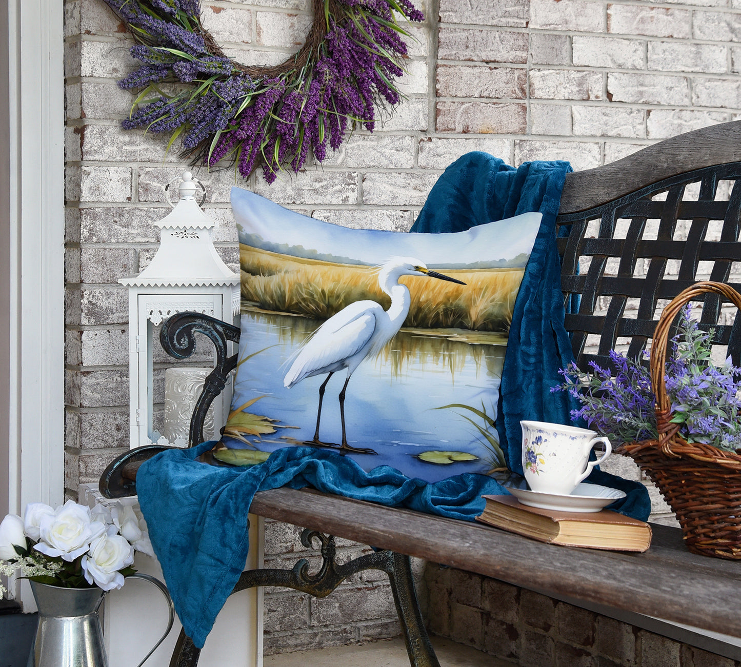Snowy Egret in Coastal Marshes Throw Pillow