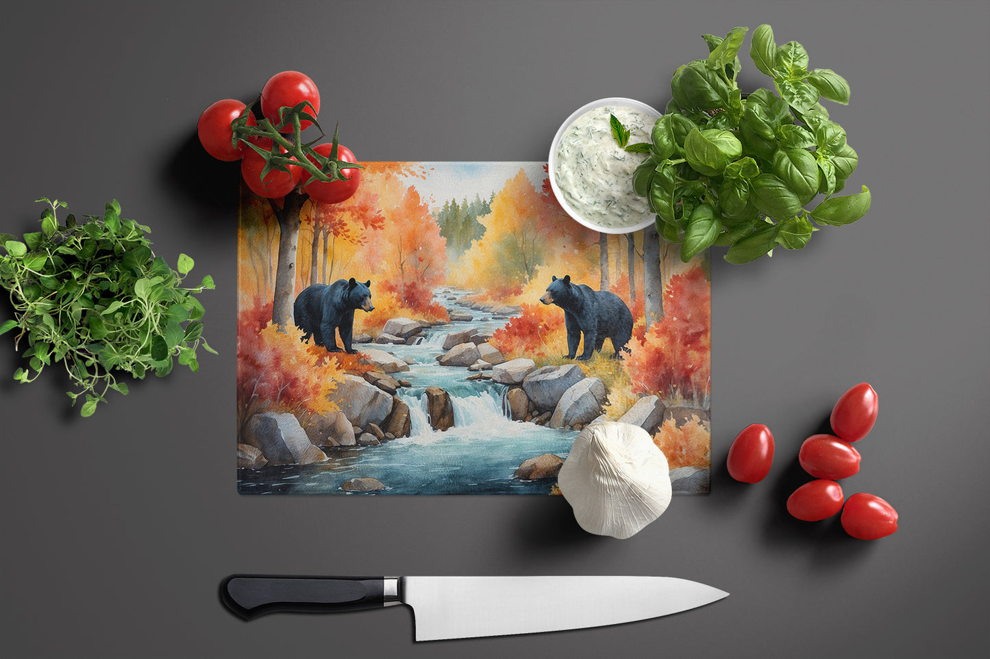 Bears Autumn in the Woods Glass Cutting Board