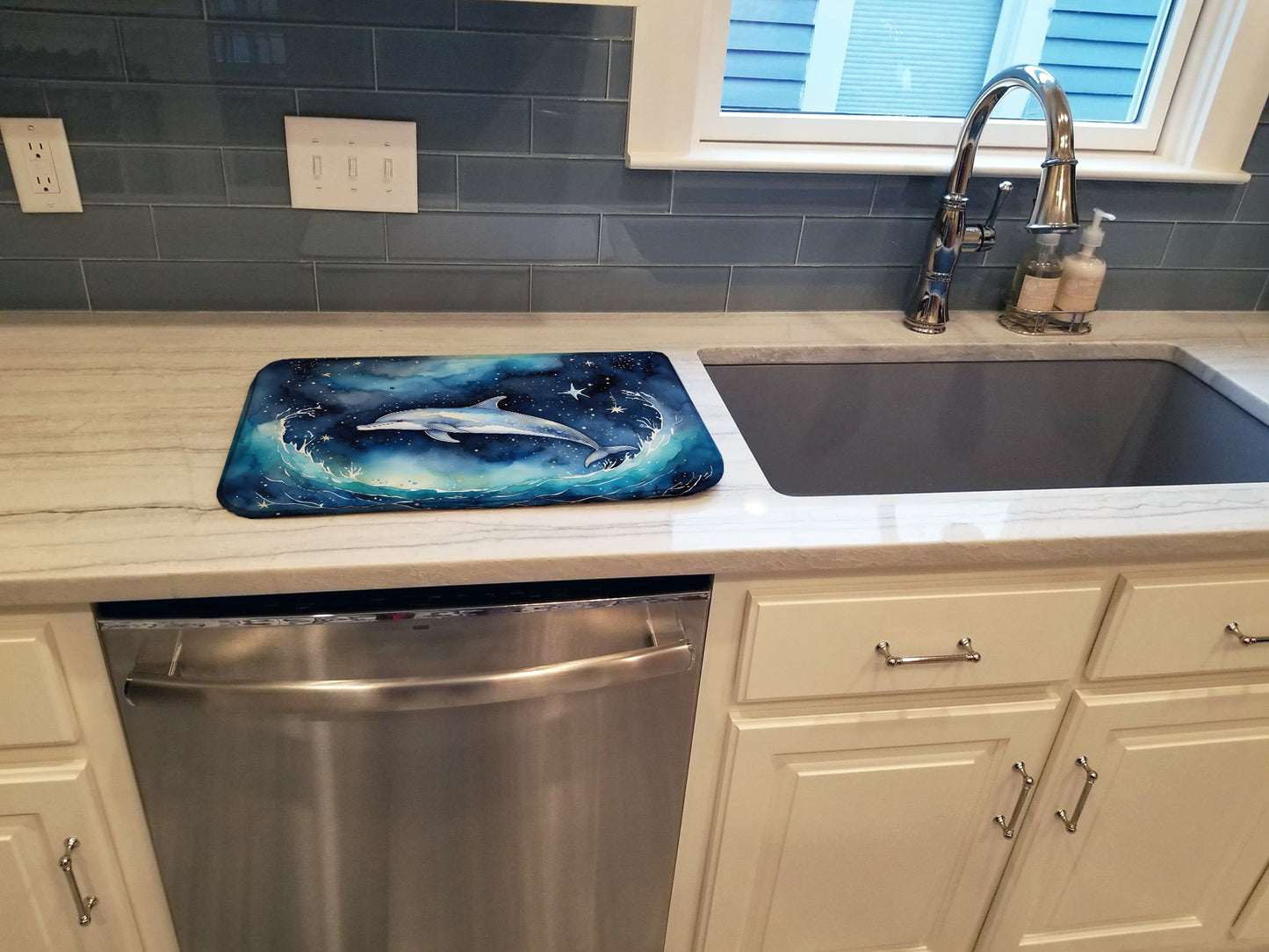 Dolphin in a Starry Sea Dish Drying Mat