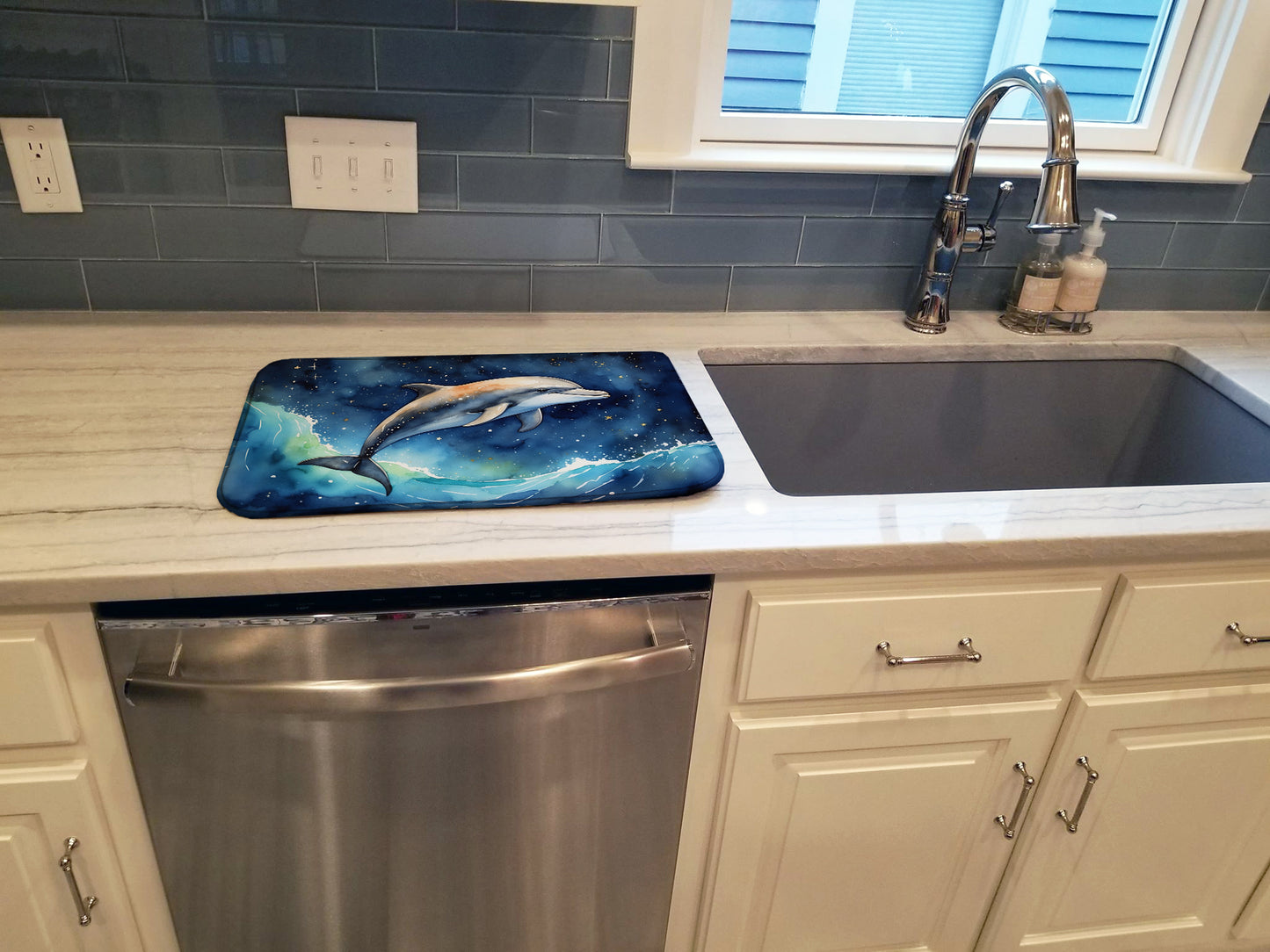 Dolphin in a Starry Sea Dish Drying Mat