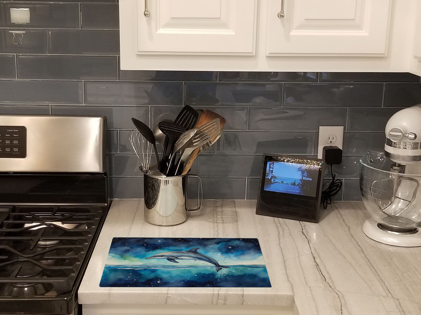 Dolphin in a Starry Sea Glass Cutting Board