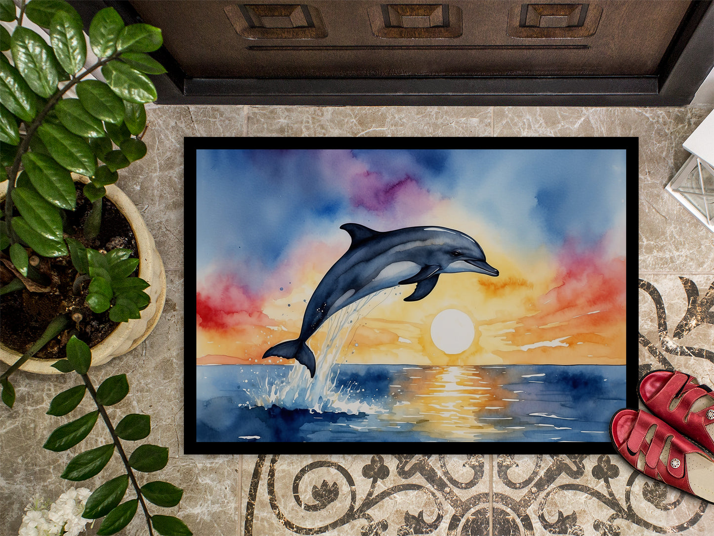 Dolphin Leaping at Sunrise Doormat