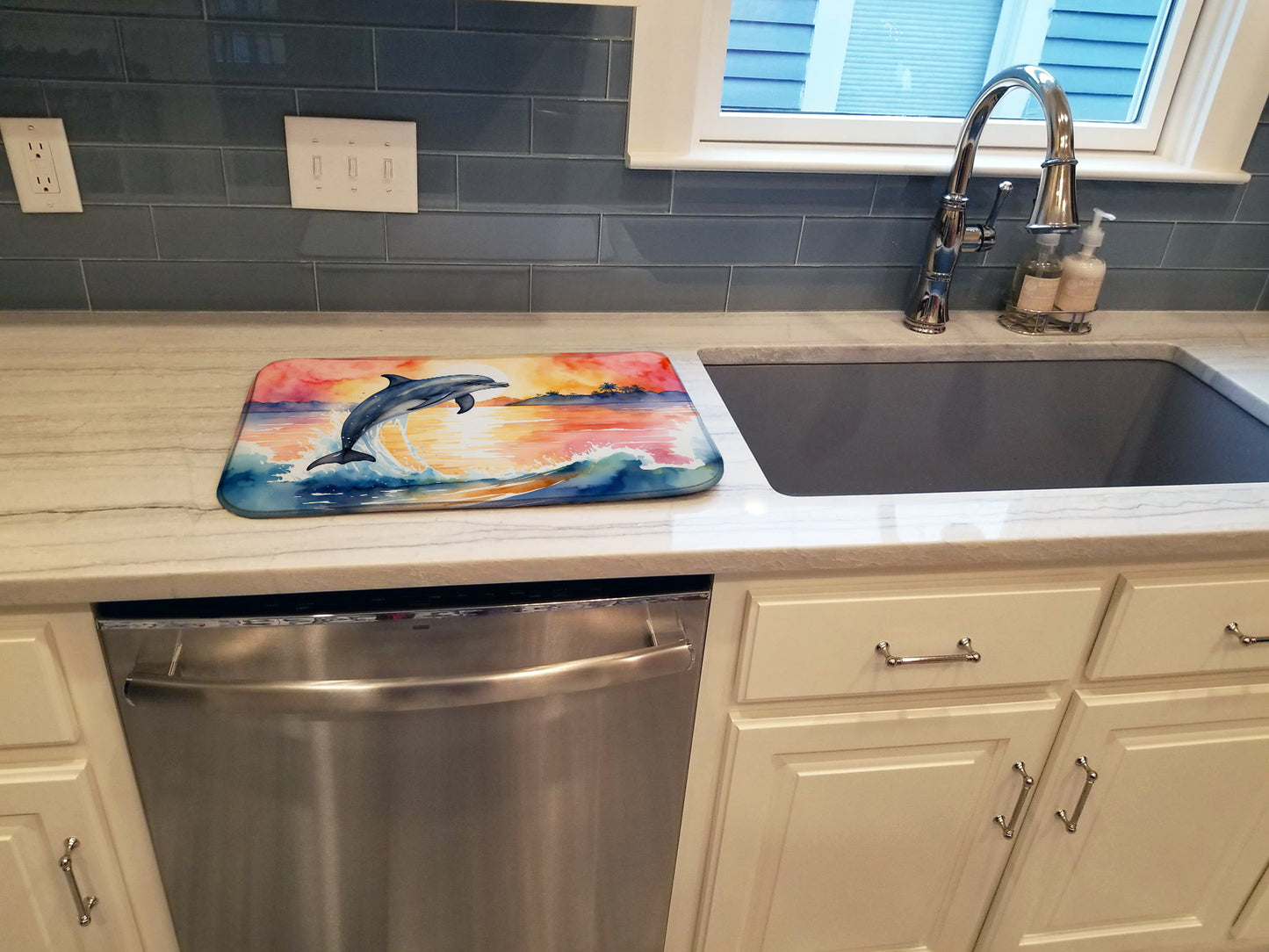 Dolphin Leaping at Sunrise Dish Drying Mat