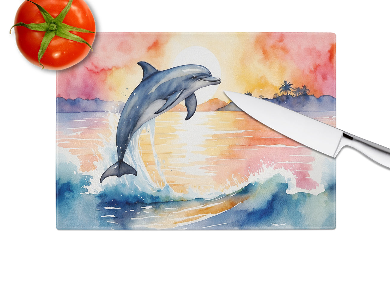 Dolphin Leaping at Sunrise Glass Cutting Board