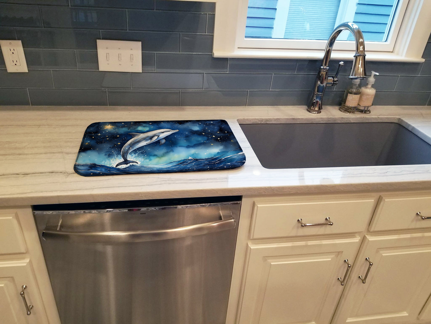 Dolphin in a Starry Sea Dish Drying Mat