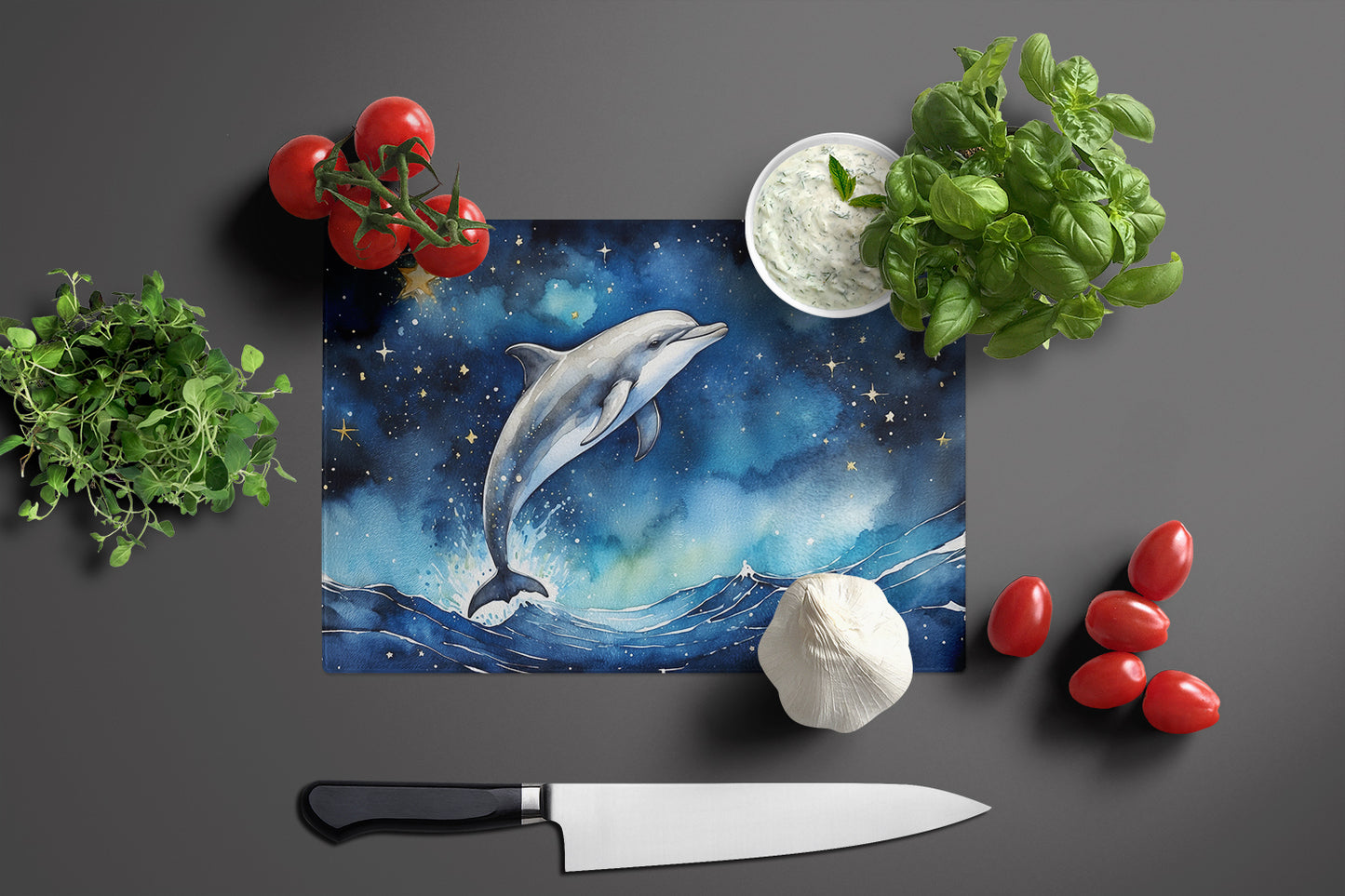 Dolphin in a Starry Sea Glass Cutting Board