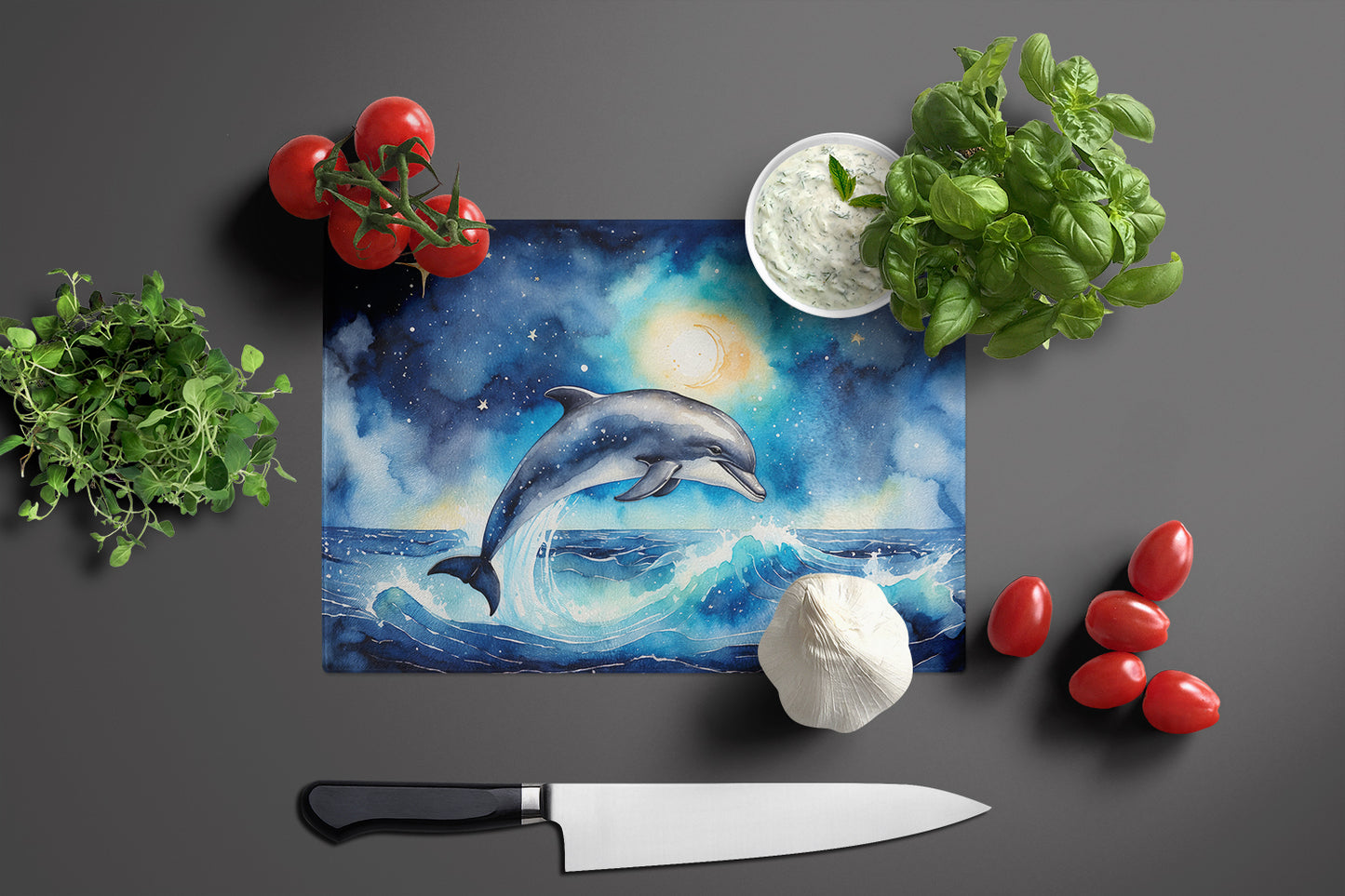 Dolphin in a Starry Sea Glass Cutting Board