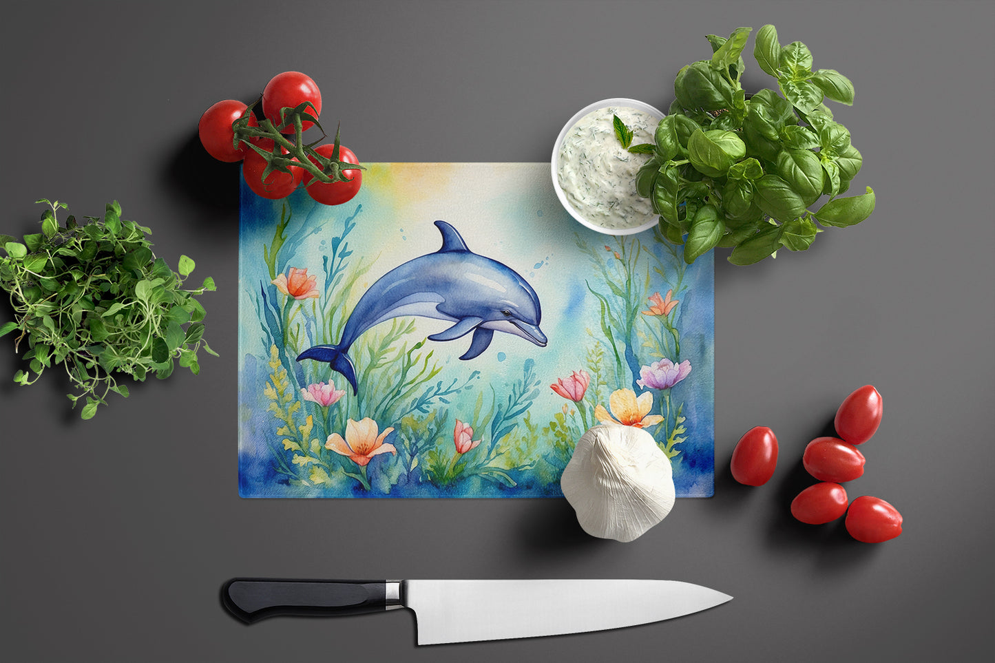 Spring Dolphin Glass Cutting Board