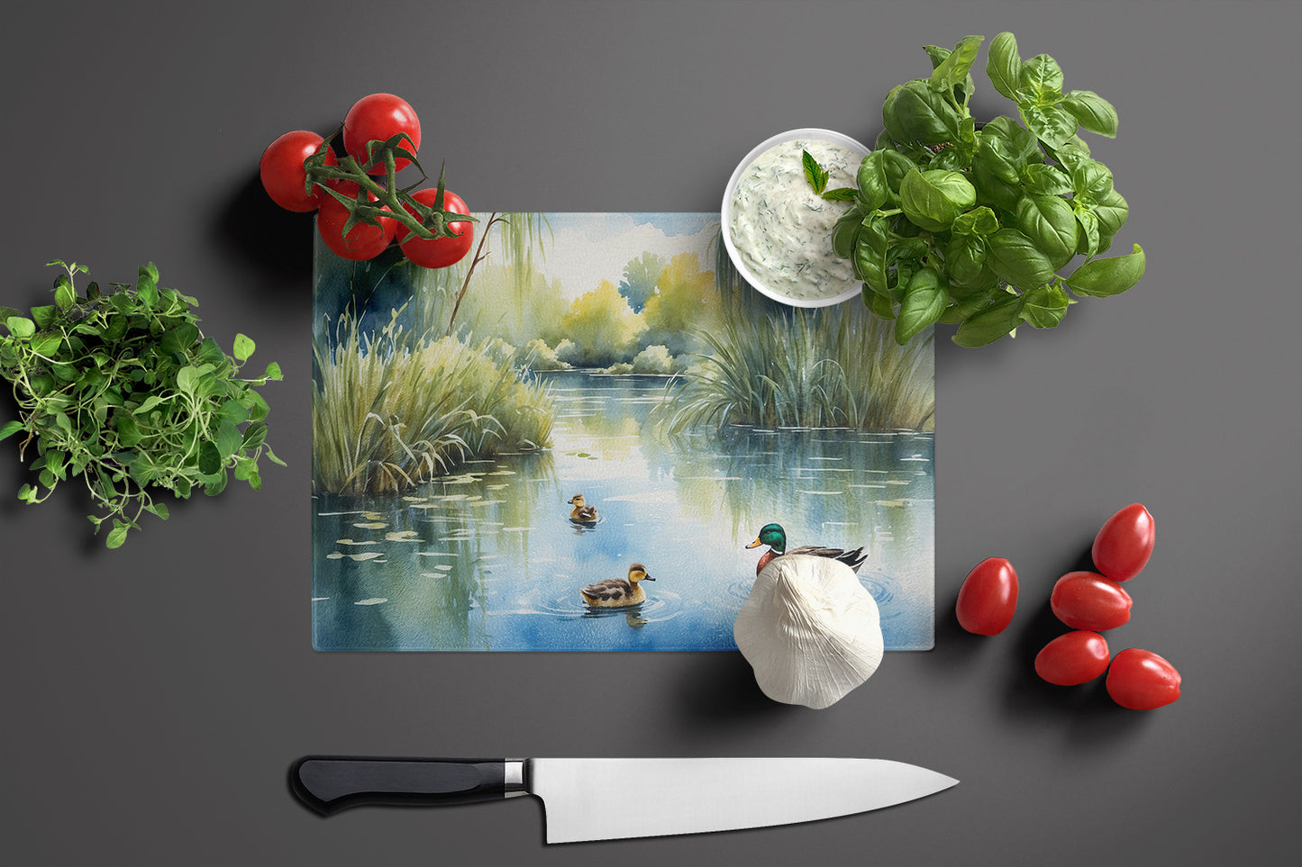 Ducks by the Pond Glass Cutting Board