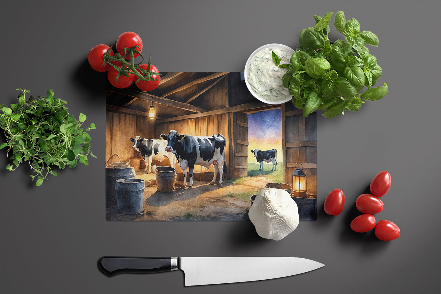 Cows Evening Milking Time Glass Cutting Board