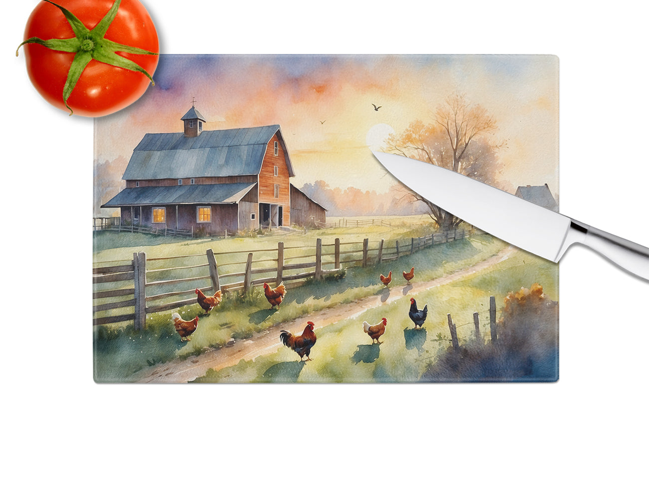 Chicken Farmyard Sunrise Glass Cutting Board