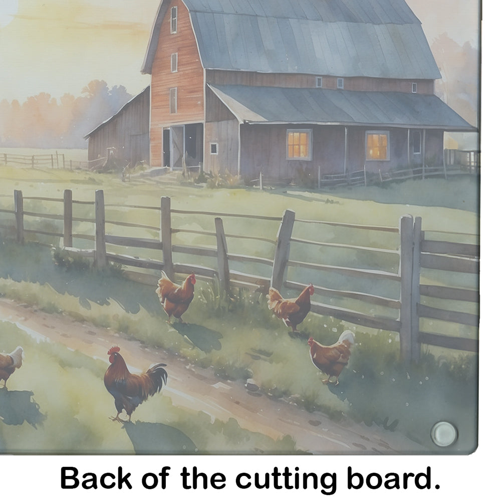 Chicken Farmyard Sunrise Glass Cutting Board