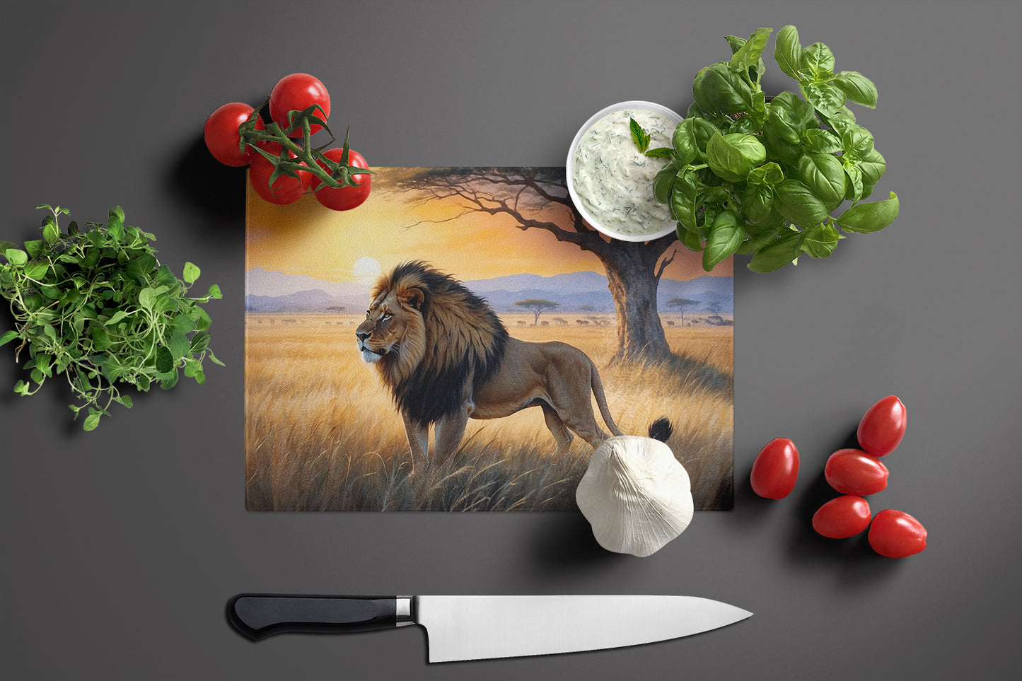 Lions at Dawn Glass Cutting Board