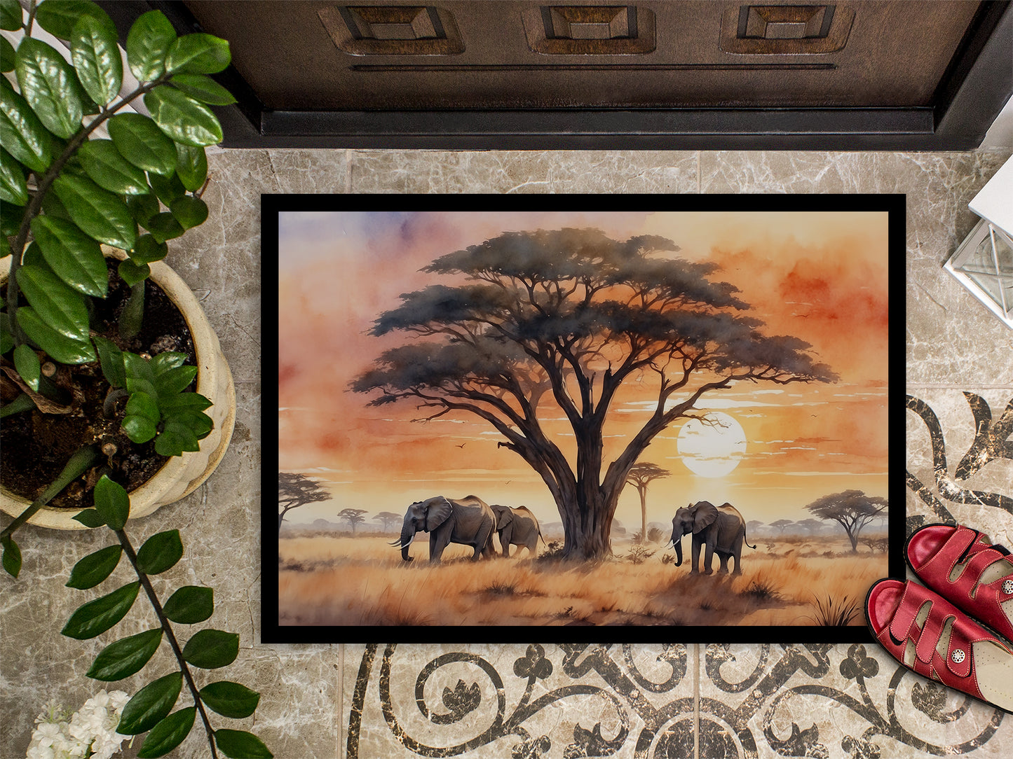 Elephants Savanna Sunrise Doormat