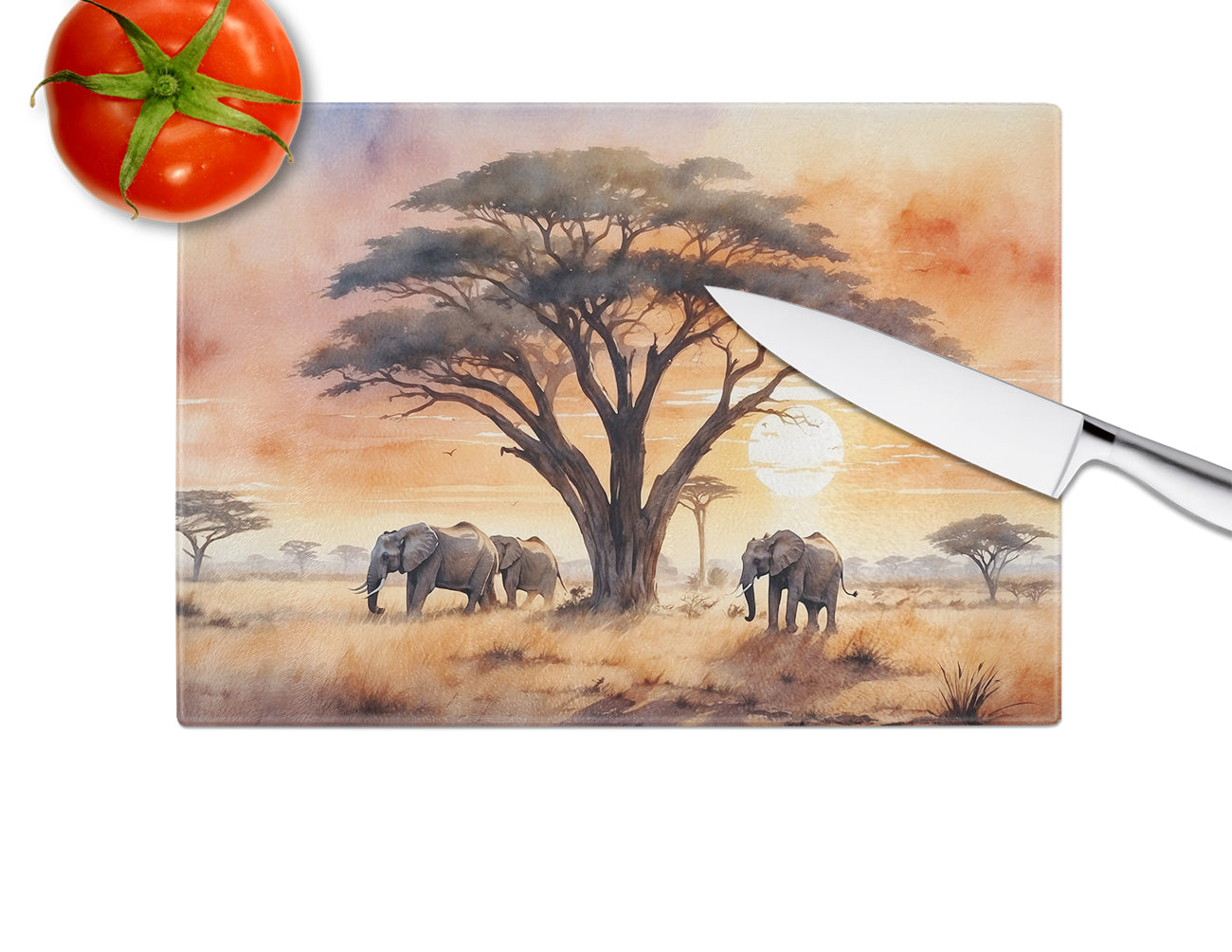 Elephants Savanna Sunrise Glass Cutting Board