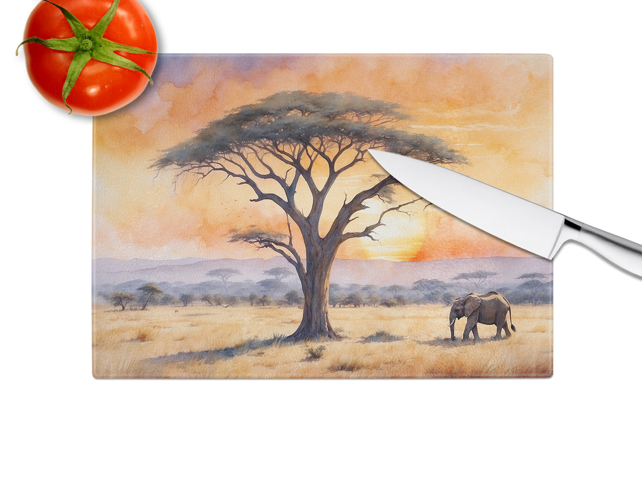 Elephants Savanna Sunrise Glass Cutting Board