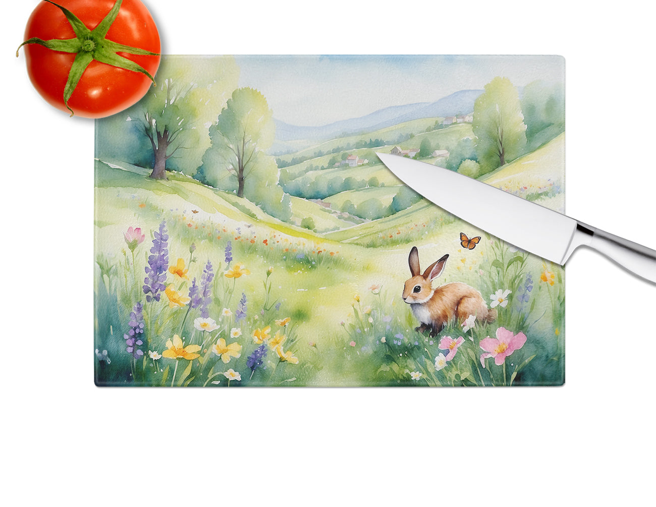 Rabbit Springtime Meadow Glass Cutting Board