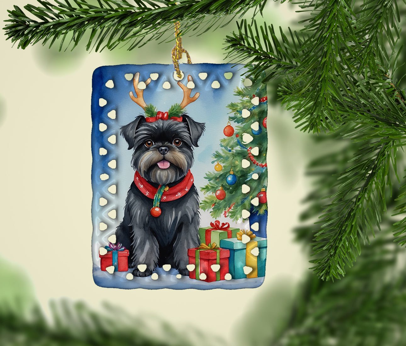 Affenpinscher Christmas Reindeer Porcelain Ornament