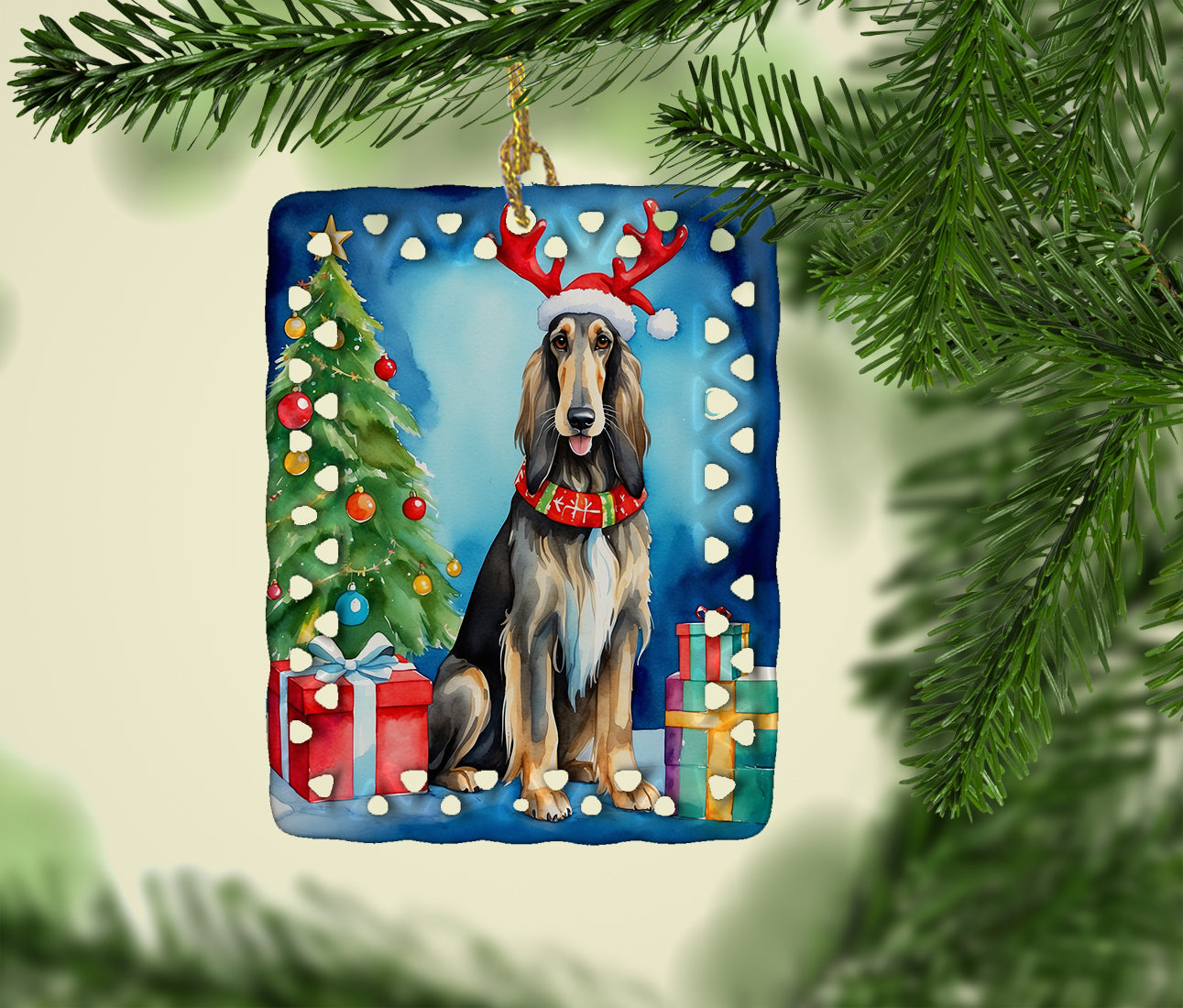 Afghan Hound Christmas Reindeer Porcelain Ornament