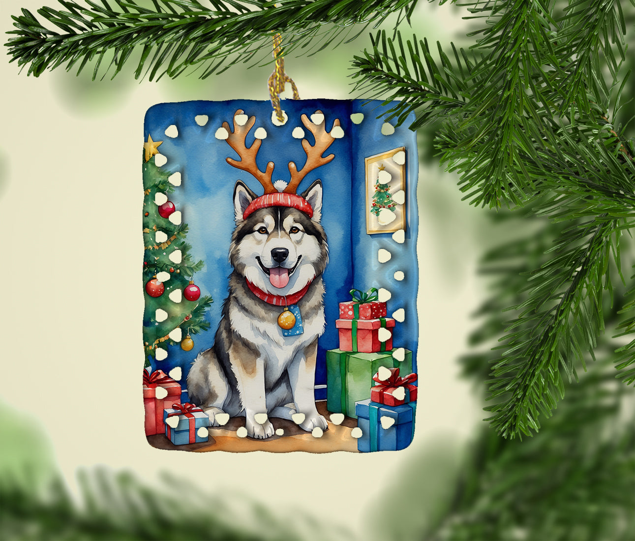 Alaskan Malamute Christmas Reindeer Porcelain Ornament