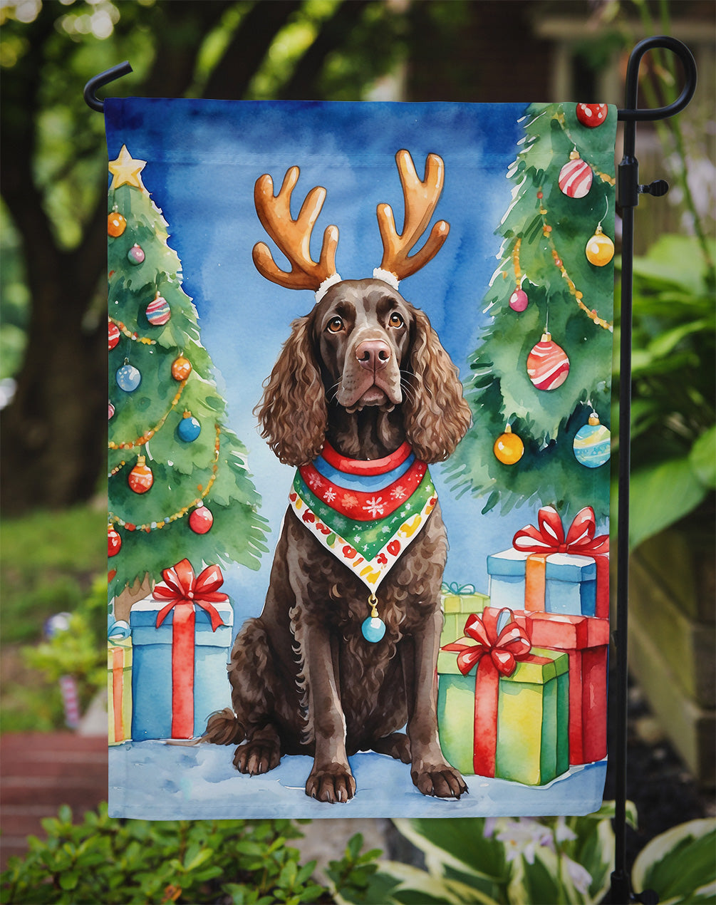 American Water Spaniel Christmas Reindeer Garden Flag